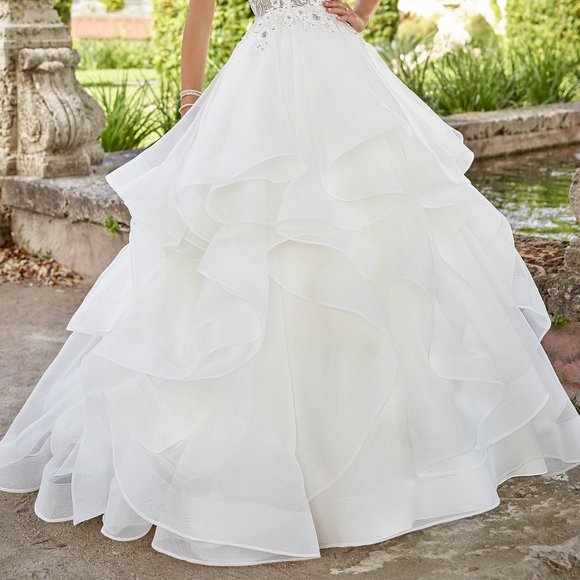 SAMPLE Mon Cheri, New Sheer Bodice Sexy Wedding Dress Ruffle Ballgown - Picture 2 of 9